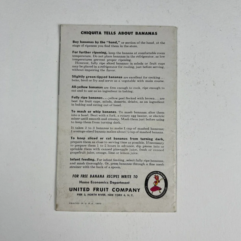 Chiquita Banana Recipe Booklet 1950 Yellow Vintage Advertising Mid Century Food